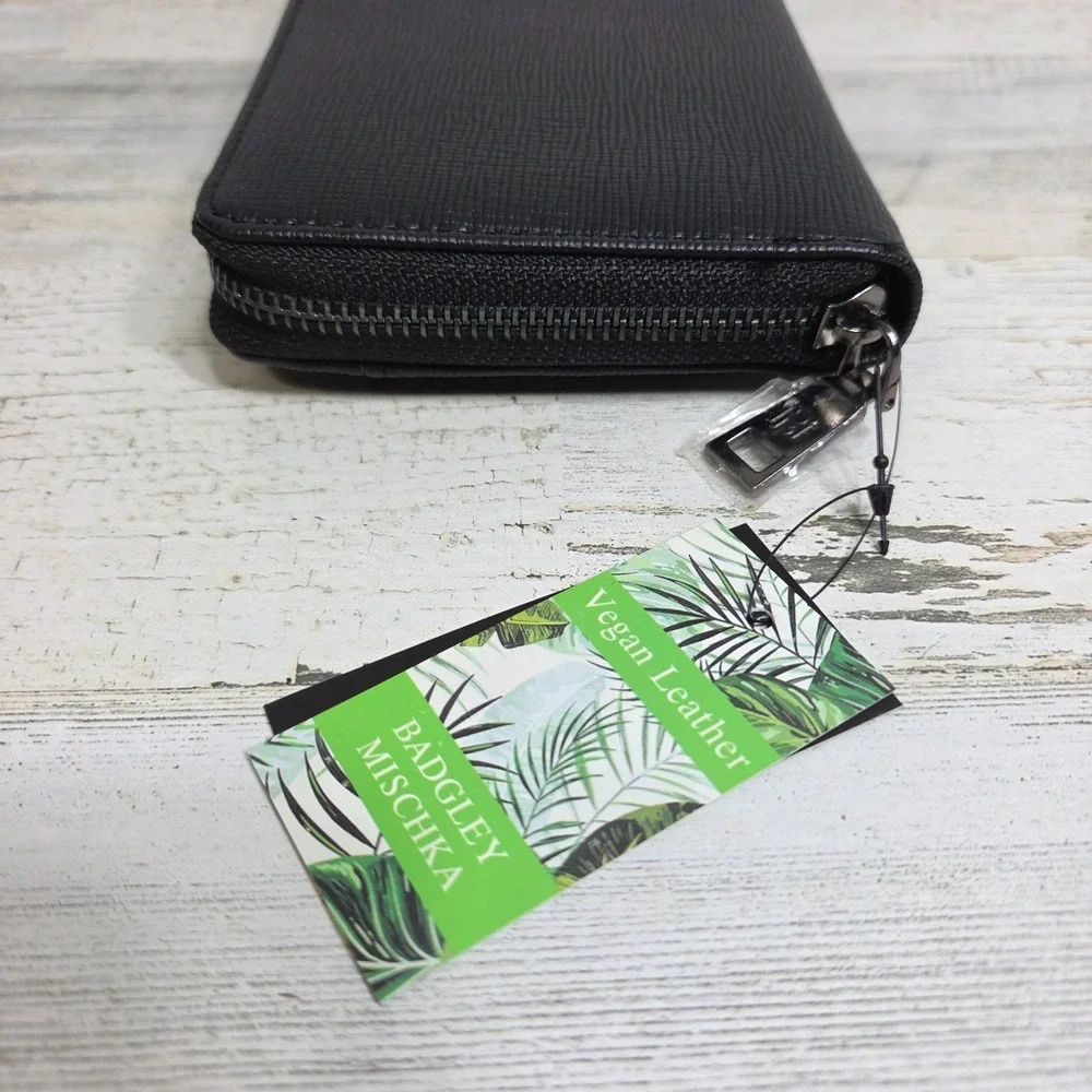 Badgley Mischka Black Vegan Leather Zip Around Long Wallet Clutch NWT